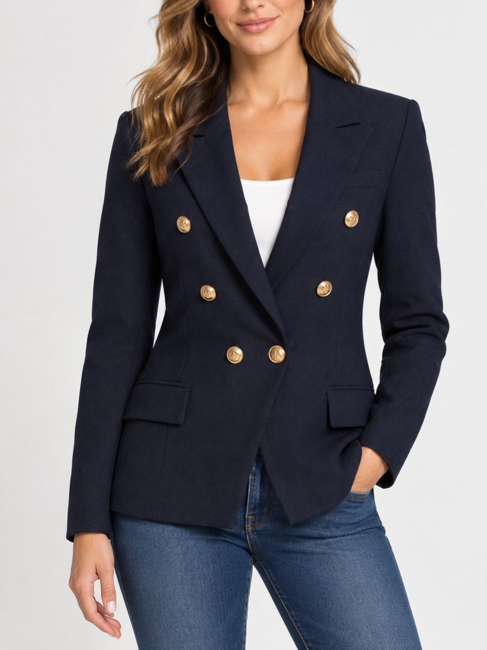 Attitude Unknown Women's Double-Breasted Navy Blazer with Gold Buttons
